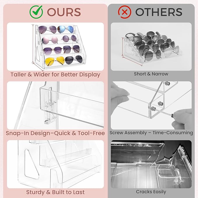 4 Tier Sunglass Organizer Eyeglass Display Stand Case, Nail Polish Organizer Holder Rack, Glasses Tabletop Makeup Stand Snap in Assembly for Home, Salon, Retail