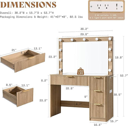 AMERLIFE 36.2" Fluted Vanity Desk with Large Mirror and Adjustable LED Lights, 4 Drawers Makeup Table with Glass Top and Charging Station for Women and Girls, Bedroom or Dorm, Oak