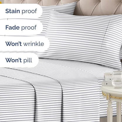 Blue and White Striped Sheets - 1 Flat & 1 Fitted Sheet & 2 Pillowcases w/ Deep Pockets - Cozy, Wrinkle & Fade Resistant - Ultra-Soft, Breathable & Cooling - Luxury Pinstripe Bedding - Full Size