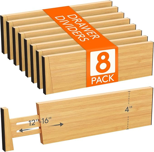 Lifewit 4" High 8 Pack Bamboo Drawer Dividers 31-40cm/12-16 Adjustable Wooden