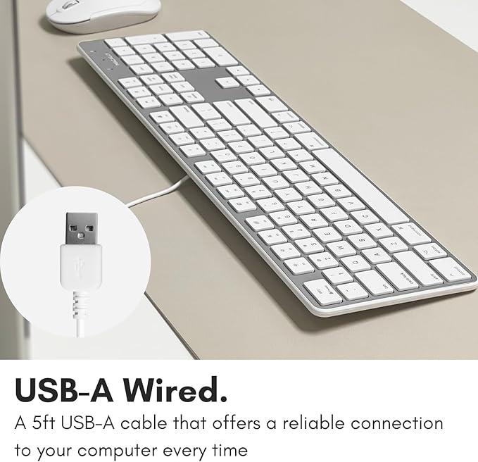 Macally Ultra-Slim USB Wired Keyboard with Number Keypad for Apple Mac Pro, MacBook Pro/Air, iMac, Mac Mini, Laptop Computers, Windows Desktop PC Laptops, Silver (SLIMKEYPROA)