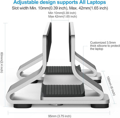 Aluminum Vertical Laptop Stand Dock Holder, Adjustable Slot Width 12-42mm