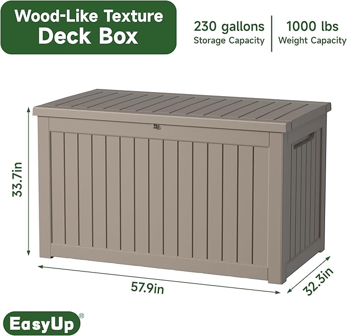 230 Gallon Outdoor Storage Box Waterproof, UV Resistant Resin Deck Box with Hydraulic Rod, Reinforced Stability for Patio, Garden, Striped Gray