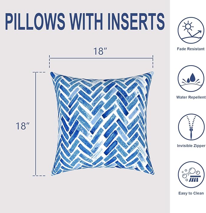 Patio Throw Pillows with Inners, Fade Resistant Square Pillow Pack of 2, Decorative Garden Cushions for Home, 18x18 Inch,Blue Bricks