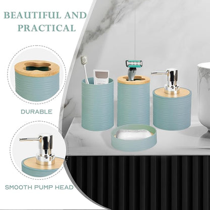 4 Pieces Bamboo Bathroom Accessories Set, Bathroom Accessory Set with Soap Dispenser and Toothbrush Holder, Soap Dish and Toothbrush Cup, Boho Bathroom Decor(Aqua)