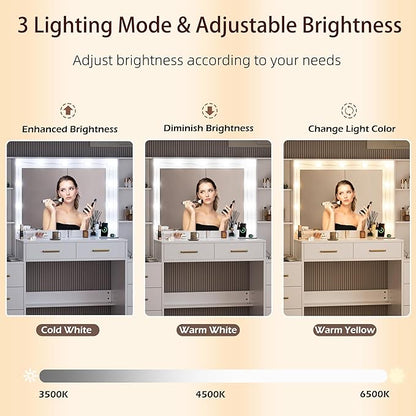 White Vanity Desk with Mirror, Lights & Charging Station, 58.3" 3 Lighting Modes Makeup Desk with 8 Drawers, 2 Cabinets and Lots Storage, Dressing Table Vanity Set with Lighted Mirror