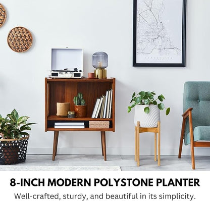 Fox & Fern Large Indoor Planter, Modern Large Plant Pot for Indoor or Outdoor, UV and Frost Resistant - 8 Inch, Polystone, Matte White Flower Pot with Drainage Plug, 3D Printed Design