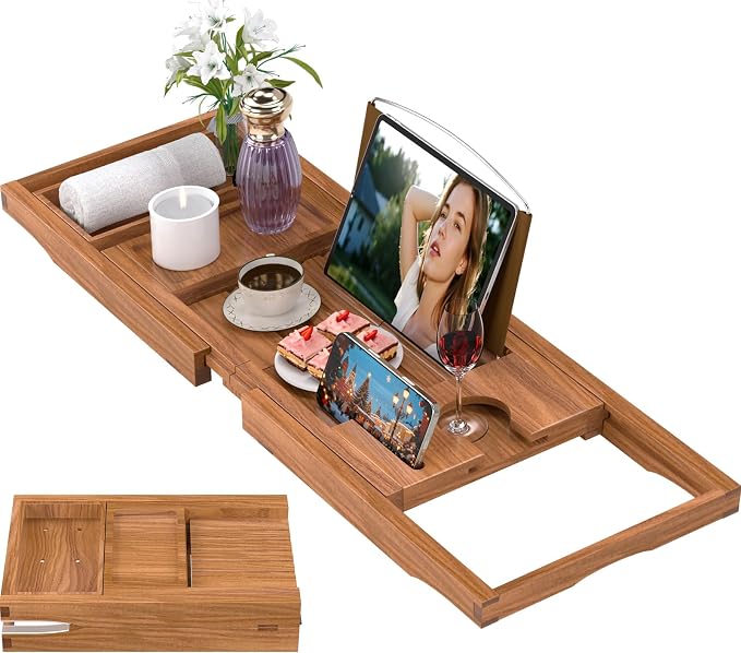Premium Teak Bathtub Tray Caddy, Expandable Wooden Bath Tray for Tub,Luxury Bathroom Accessories,Great House Warming, Anniversary & Wedding and Birthday Gifts