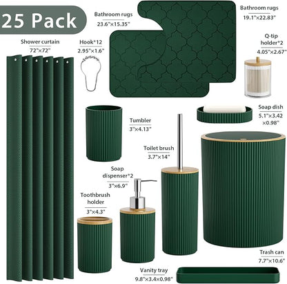 Dark Green Bathroom Accessory Set - Bathroom Sets, 25PC Bath Accessories Set, Bathroom Sets with Push Top Trash Can, Shower Curtain and Rugs, Toilet Brush, Trash Can & Soap Dispenser