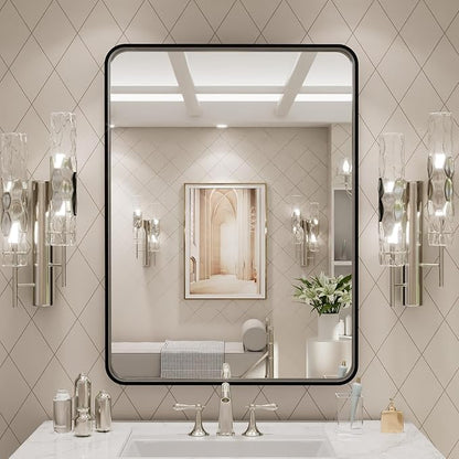 LOAAO 24X32 Inch Black Metal Framed Bathroom Mirror for Wall, Matte Black Bathroom Vanity Mirror Farmhouse, Large Rounded Rectangle Mirror, Anti-Rust, Hangs Horizontally or Vertically