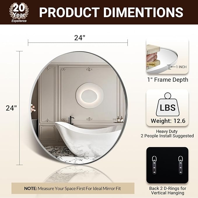 ANDY STAR Round Bathroom Mirror, 24’’ Polished Chrome Round Bathroom Mirrors in Stainless Steel Metal Frame 1" Deep Set Design 7