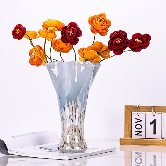 9.0"H Blue Glass Vases for Flowers, Unique Hand Blown Glass Vase Blue White Home Decor, Wide Mouth Colorful Flower Vase Centerpieces, For Living Room Table Bookshelf, Bathroom Office Shelf Decorative