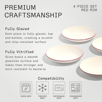Made In Cookware - Set of 4 - Entrée Bowls - White With Red Rim - Porcelain - Crafted in England