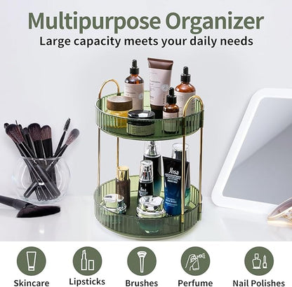 360 Rotating Makeup Organizer for Vanity,2 Tier Large Capacity Skincare Organizers,Bathroom Counter Organizer, Spinning Perfume Organizer & Vanity Organizer (Green-2 Tier)