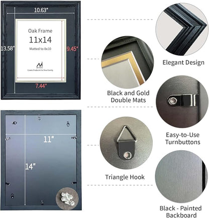 11x14 Picture Frame for Wall Hanging Solid Oak Wood, 8x10 Picture Frame with Mat,11x14 Premium Photo Frame with Real HD Tempered Glass,Ideal for Home Decor, Art Gallery,Black, 1 Pack