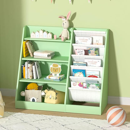 Kids Bookshelf Toddler Bookcase Children Book Rack Baby Toy Storage Organizer Child Book Display Shelf 4-Tier 5 Layer Sling Cabinet Chest Playroom Bedroom Classroom Library Green