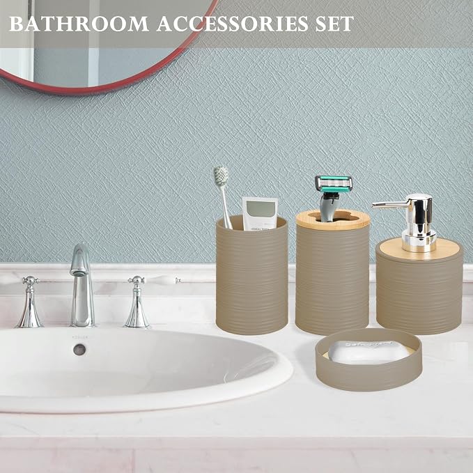 4 Pieces Bamboo Bathroom Accessories Set, Bathroom Accessory Set with Soap Dispenser and Toothbrush Holder, Soap Dish and Toothbrush Cup, Boho Bathroom Decor(Beige)