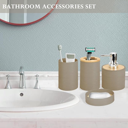 4 Pieces Bamboo Bathroom Accessories Set, Bathroom Accessory Set with Soap Dispenser and Toothbrush Holder, Soap Dish and Toothbrush Cup, Boho Bathroom Decor(Beige)
