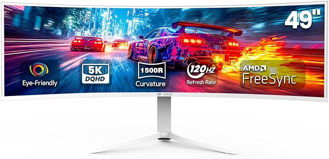 CRUA 49" White Curved Monitor | DQHD(5120 * 1440), 120Hz, 1500R, 32:9, AMD FreeSync, 120% sRGB, Height Adjustable Ultra-Wide Screen Computer Monitors, HDMI 2.1 & DP 1.4, Wall Mount Install