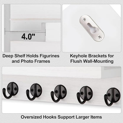 Lwenki Key Holder Wall Mount, Entryway Key and Mail Holder with 7 Sturdy Hooks for Sunglasses, Dog Leash, Decorative Wall Shelf with Mounting Hardware, 15”W x 6.7”H x 4.2”D (White)