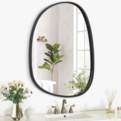 Asymmetrical Wood Wall Mirror - Irregular Oval Hanging Frame for Wall, Vanity, Bathroom, Living Room, Bedroom, Entryway, Hallway - Modern, Unique, Decorative, Artistic - Black