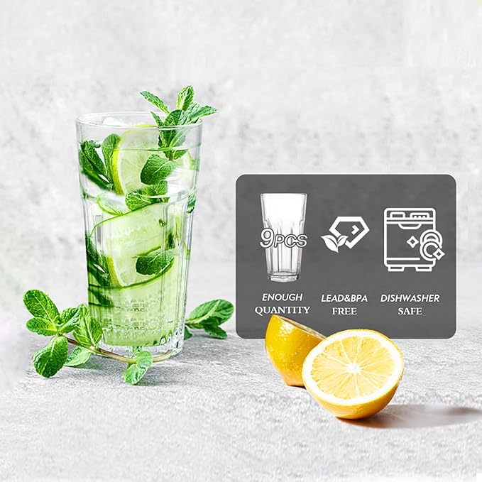 Etolies Highball Drinking Glasses Set of 9, Water Glasses 16 oz,Iced Tea Glasses for Water, Juice, Cocktails,Milkshake,Coke,Soda,Beverages. Heavy Base Tumbler,Kitchen and Bar Glassware,Gifts for Dad