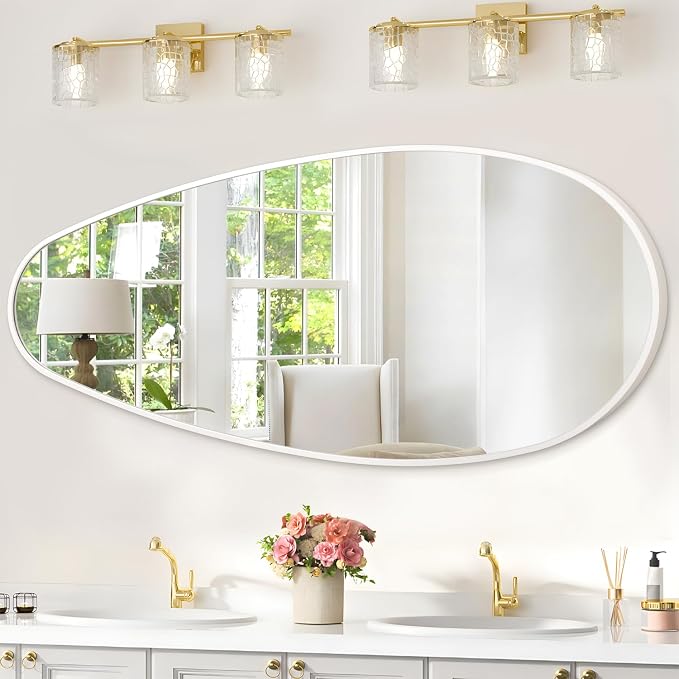 JJUUYOU Mirrors for Wall Metal Framed Decorative Irregular Large Mirrors 39" X 18" Asymmetrical for Bathroom Bedroom Living Room Dressing Room Entryway White