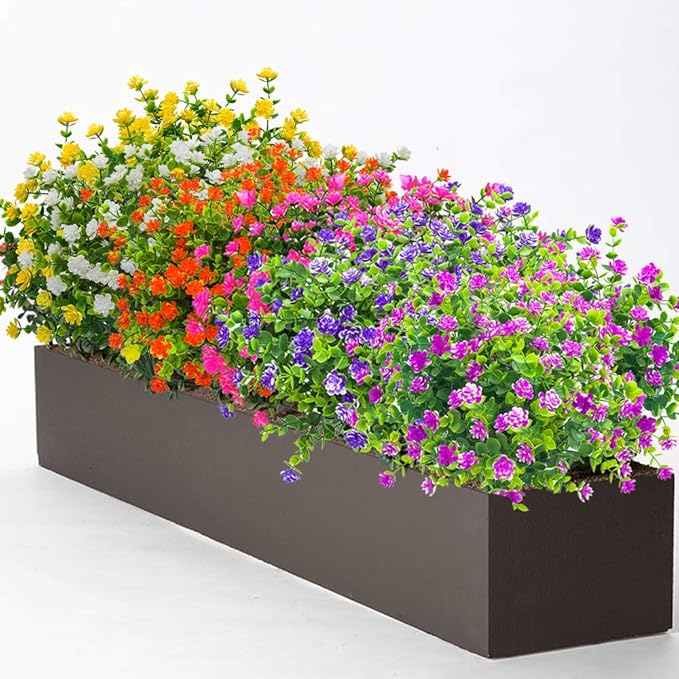 10 Bundles Artificial Fake Flowers, Faux Outdoor Plastic Plants UV Resistant Shrubs Outside Indoor Decorations (Purple-Eucalyptus)