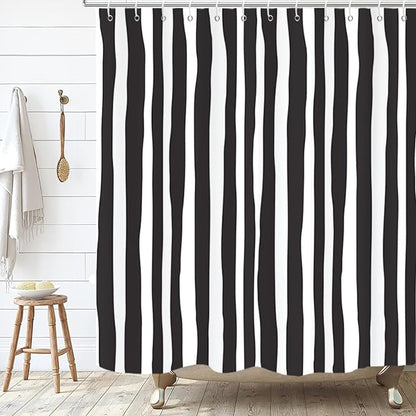 Black and White Extra Long Shower Curtain, Striped Boho Minimalist Modern Waterproof Fabric Machine Washable for Bathroom Decor Bathtub with Hooks 72Wx84H