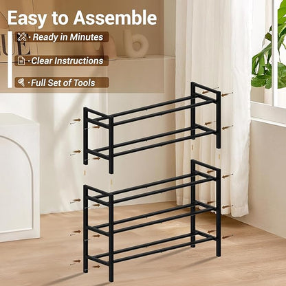 Haddockway Bamboo Shoe Rack for Closet, Free Standing Shoe Organizer with Smooth Round Rods & Convenient Handles, Stackable Shoe Storage Shelf for Entryway, Hallway(Black, 5-Tier)