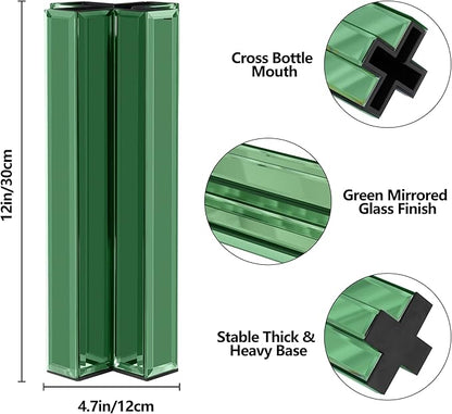 SHYFOY Green Mirrored Vase - 12 Inch Tall Cross-Shaped Decorative Glass Flower Vases for Home Decor, Living Room Table Kitchen Fireplace Decor - Can’t Hold Water