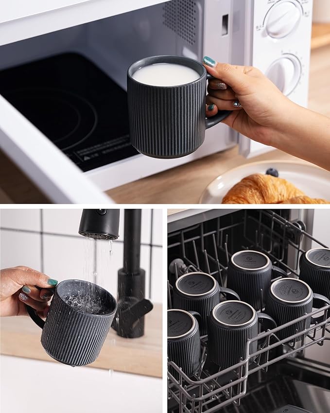 famiware Coffee Mug Set for 4, Star 12 oz Catering Mugs Cup Set with Handle for Coffee, Tea, Cocoa, Milk - Ceramic Stoneware Drinkware Set, Matte White + Matte Black