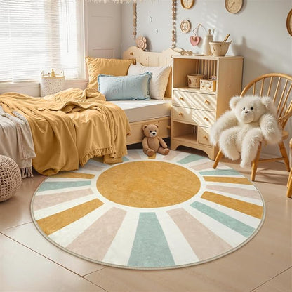 LIVEBOX Washable Boho Rug 6ft Large Round Rug for Nursery Room, Non-Slip Soft Throw Circle Rugs for Living Room, Colorful Rainbow Circular Rugs for Kids Room