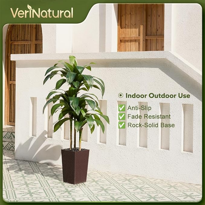 Artificial Dracaena Tree 5FT - Fake Tree with Brown Taper Planter & Pebbles - UV Resistant Faux Yucca Tropical Plant - Artificial Trees for Home Office Living Room Decor Indoor Outdoor