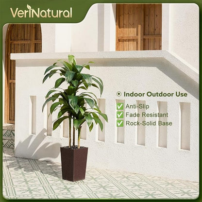 Artificial Dracaena Tree 5FT - Fake Tree with Brown Taper Planter & Pebbles - UV Resistant Faux Yucca Tropical Plant - Artificial Trees for Home Office Living Room Decor Indoor Outdoor
