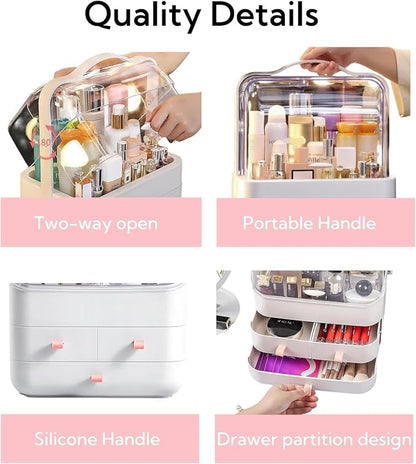 Makeup Organizer and Storage for Vanity with Lid and Drawers, Waterproof and Dustproof Portable Skincare Cosmetics Boxes, Makeup Caddy Holder for Vanity Countertop, Bathroom, Dresser, Bedroom