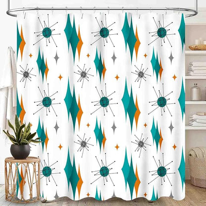 Mid Century Modern Shower Curtain for Bathroom, Teal Orange Geometric Atomic Abstract Pattern 1950s 1960s Retro Vintage Style Waterproof Fabric Shower Curtain Set with Hooks, 72"x72" Inch