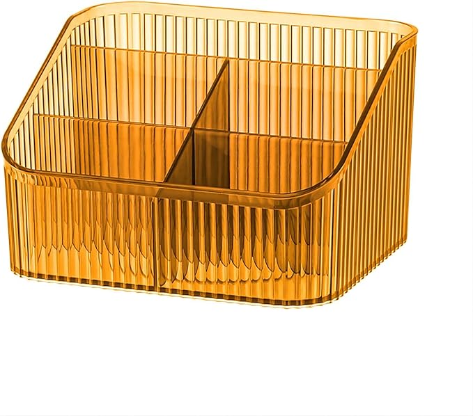 DASITON Large Capacity Makeup Brush Holder,5 Slot Makeup Brush Cup,Vintage striped Make Up Brush Holder,for Vanity Decor,Bathroom Countertops,Desk Storage Container,Cosmetic Display cases(Amber-L)