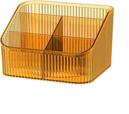 DASITON Large Capacity Makeup Brush Holder,5 Slot Makeup Brush Cup,Vintage striped Make Up Brush Holder,for Vanity Decor,Bathroom Countertops,Desk Storage Container,Cosmetic Display cases(Amber-L)