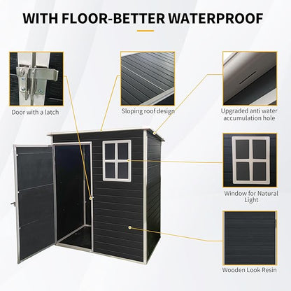 5x3 FT Outdoor Storage Resin Shed with Floor, Waterproof Plastic Garden Tool Shed with Windows, Vents & Lockable Door and Sloped Roof, Easy to Assemble Bike Shed for Patio, Backyard, Lawn, Black