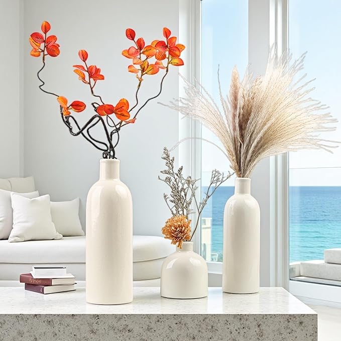 White Crackle Glaze Ceramic Vase Set 3-Piece – Home Decor Modern Decorative Vases Ideal Shelf Decor/Table/Living Room/Kitchen/Office Ideal for Pampas Grass & Floral Arrangements for Flowers