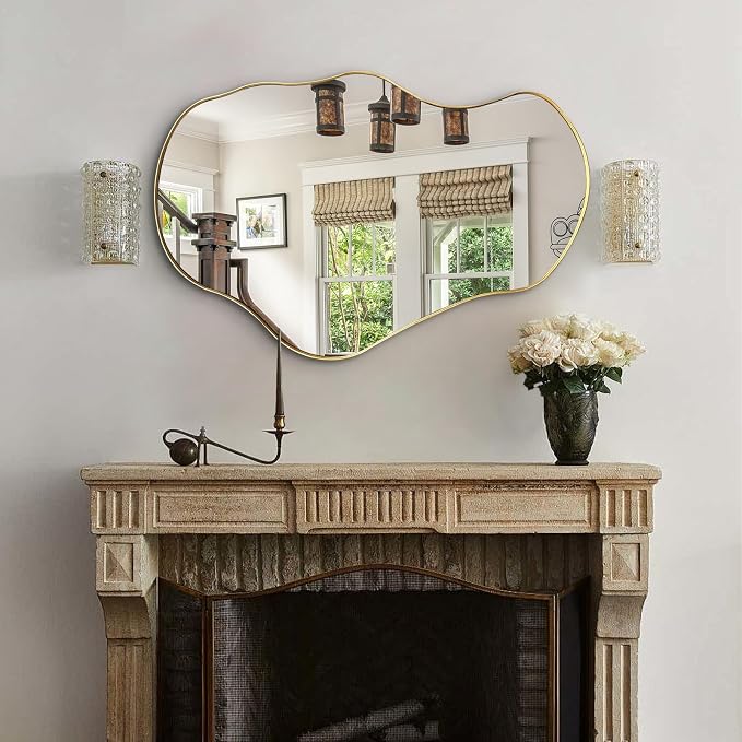 Irregular Wall Mirror, 30"x20" Asymmetrical Decorative Accent Mirror with Black Metal Frame, Organic Shape Mirrors for Entryway Bedroom Living Room, Horizontal or Vertical Hanging