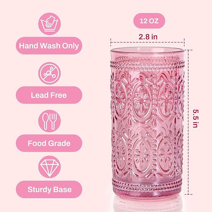 Darlion Pink Drinking Glasses, Highball Glass Cups, Pink Glassware, Drinking Glasses Set of 8, Vintage Water Cups for Party Wedding Gift