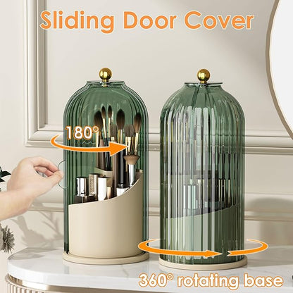 Makeup Brush Holder with Lid 360 Rotating Clear Dustproof Make Up Organizers for Vanity Bathroom Countertop, Green Beige