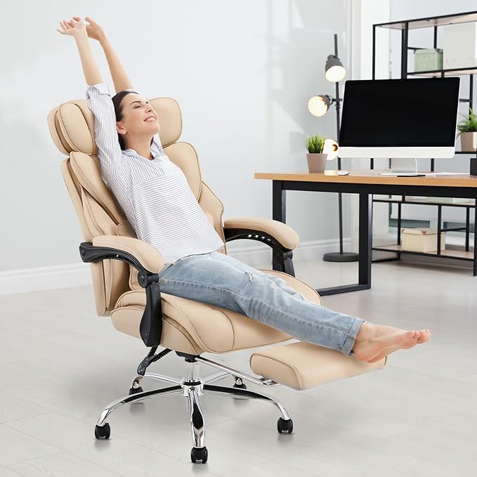 COLAMY Office Chair with Retractable Footrest, Ergonomic High Back Design Executive Computer Desk Chair with Removable Lumbar Pillow, 90-135°Reclining,Thick Bonded Leather for Home Office,2pcs-Khaki