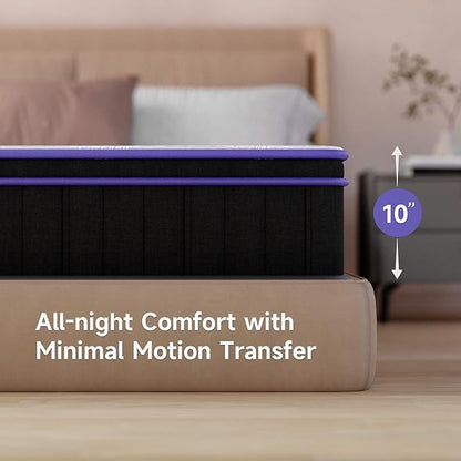 10 Inch Queen Size, Hybrid Mattress, Medium Firm, Gel-Infused Memory Foam, Pillow Top, Pocket Coils, Cooling & Breathable, CertiPUR-US Certified, Fiberglass-Free, Mattress in a Box