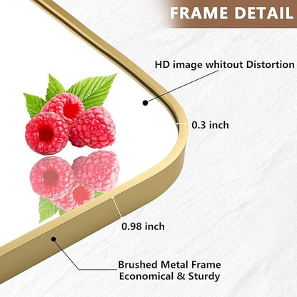 Brushed Gold Mirror, 24"x36" Rectangle Bathroom Mirror, Metal Frame Rectangle Corner Vanity Mirror, Wall Mounted Mirror for Modern, Living Room, Bedroom, Horizontal Or Vertical