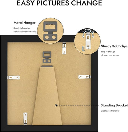 8x8 Picture Frame with Glass, Display Pictures 6x6 with Mat or 8 x 8 without Mat - Wall and Tabletop, 8 by 8 Photo Wooden Frames (Black, 1 Pack)