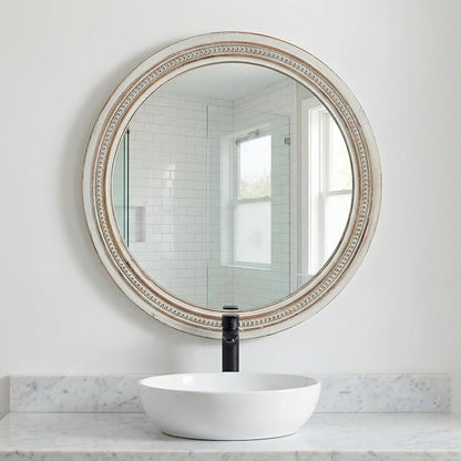 23.62'' Vintage Round Wall Mirror with Ornate Beaded Trim Frame & Pre-Installed Hanging, Decorative Mirror with Large Reflective Surface for Bathroom Bedroom Living Room, Natural