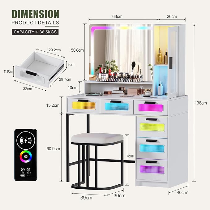 Vanity Desk with Mirror and RGB Lights, Makeup Vanity Desk with Wireless Charging Station,Large Dressing Table Set with Stool,LED Vanity Table with 6 Drawers/Cabinet/Shelves for Bedroom, White